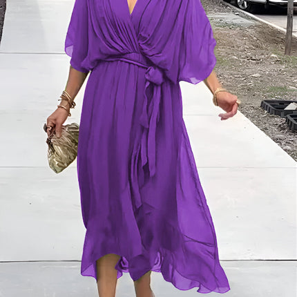 Margerin | V-neck Chiffon Midi Dress – Half Sleeves with Tie Belt