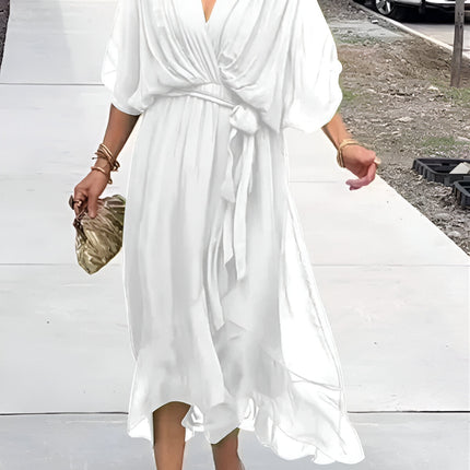 Margerin | V-neck Chiffon Midi Dress – Half Sleeves with Tie Belt