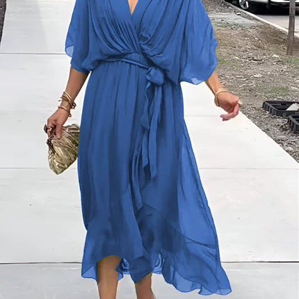 Margerin | V-neck Chiffon Midi Dress – Half Sleeves with Tie Belt
