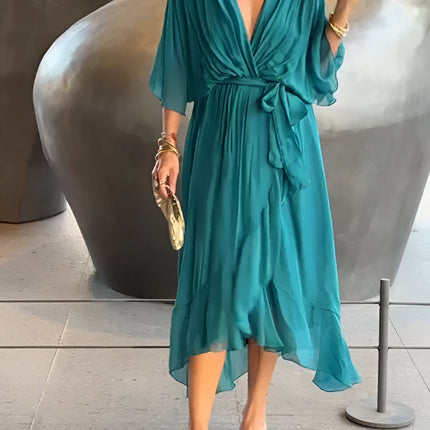 Margerin | V-neck Chiffon Midi Dress – Half Sleeves with Tie Belt