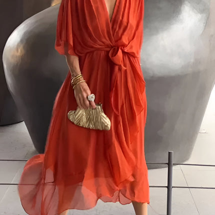 Margerin | V-neck Chiffon Midi Dress – Half Sleeves with Tie Belt