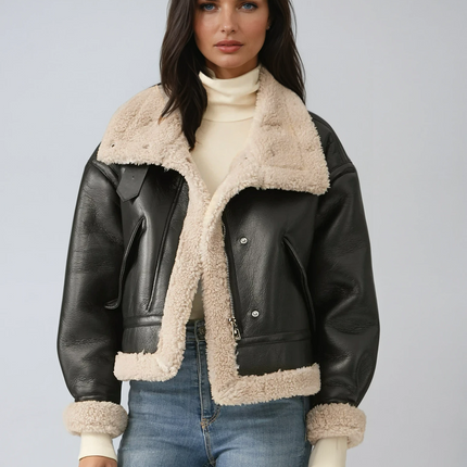 Noir | Leather Flight Jacket – Belt on Neck with Sherpa Lining