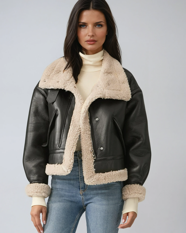 Noir | Leather Flight Jacket – Belt on Neck with Sherpa Lining