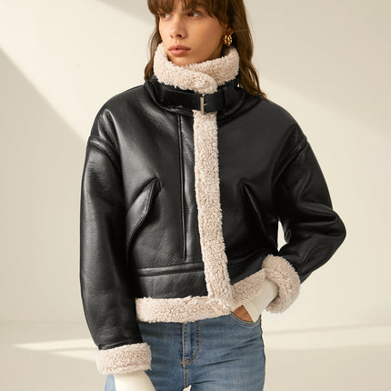 Noir | Leather Flight Jacket – Belt on Neck with Sherpa Lining