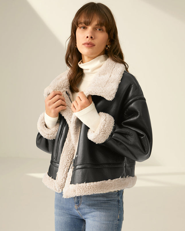 Noir | Leather Flight Jacket – Belt on Neck with Sherpa Lining