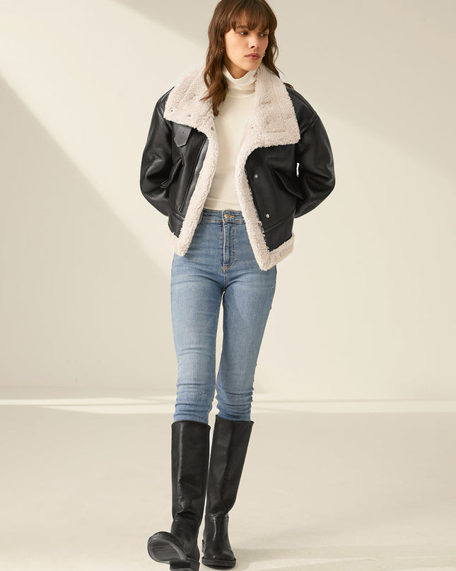 Noir | Leather Flight Jacket – Belt on Neck with Sherpa Lining