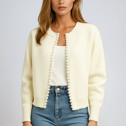 Pearl | Pearl-Trim Ribbed Cardigan – Boyfriend Cardigan