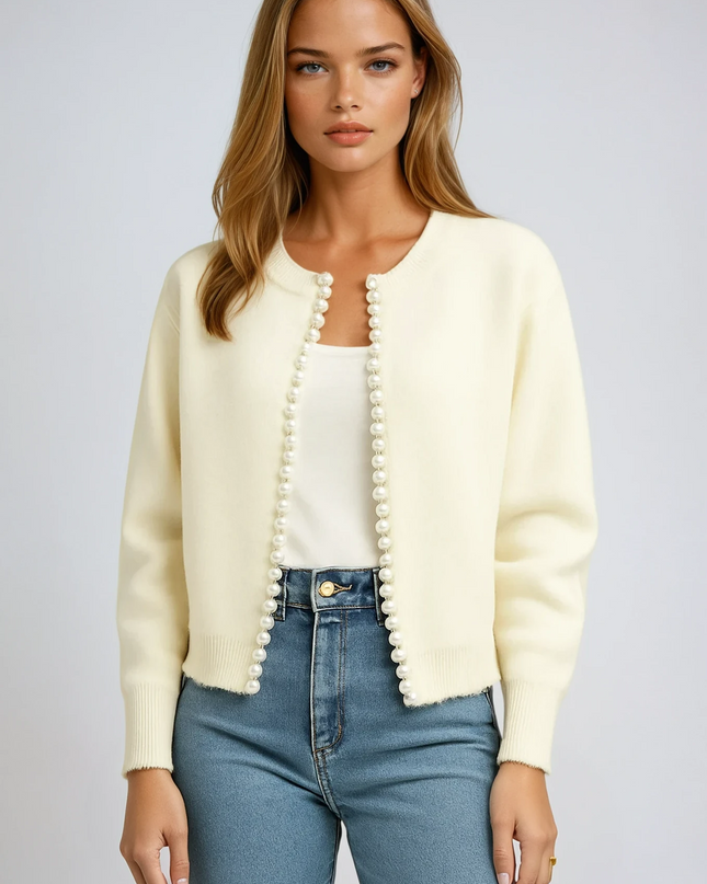 Pearl | Pearl-Trim Ribbed Cardigan – Boyfriend Cardigan