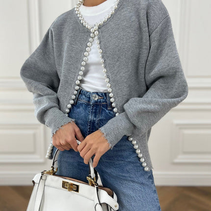 Pearl | Pearl-Trim Ribbed Cardigan – Boyfriend Cardigan