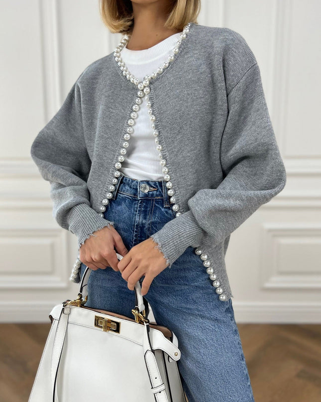 Pearl | Pearl-Trim Ribbed Cardigan – Boyfriend Cardigan
