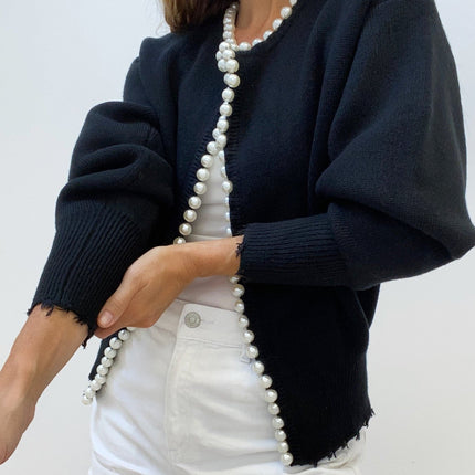 Pearl | Pearl-Trim Ribbed Cardigan – Boyfriend Cardigan