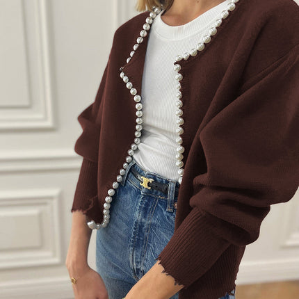 Pearl | Pearl-Trim Ribbed Cardigan – Boyfriend Cardigan