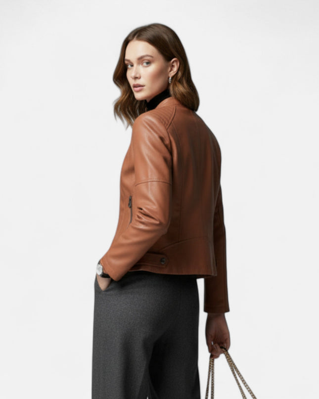 Ravelle | Women’s Leather Jacket – Cropped Moto Style