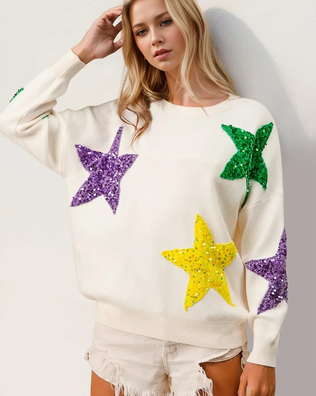 Starfia | Sequin Star Round Neck Sweater – Crew Neck Sweatshirt
