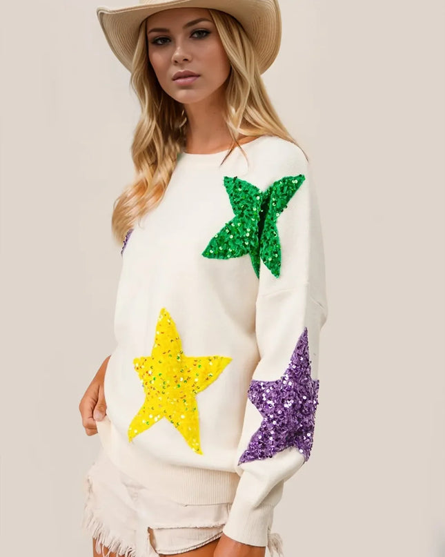 Starfia | Sequin Star Round Neck Sweater – Crew Neck Sweatshirt