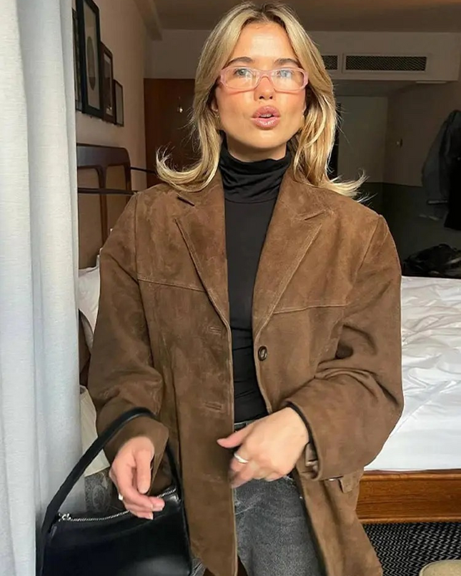 Thistelle | Oversized Suede Trench Coat – Buttoned Lapel