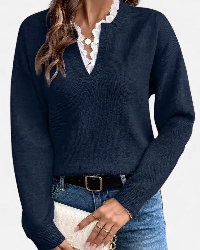 Valmera | V-Neck Sweater – Lace Trim Knitwear
