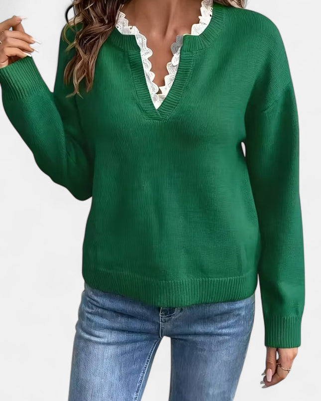 Valmera | V-Neck Sweater – Lace Trim Knitwear