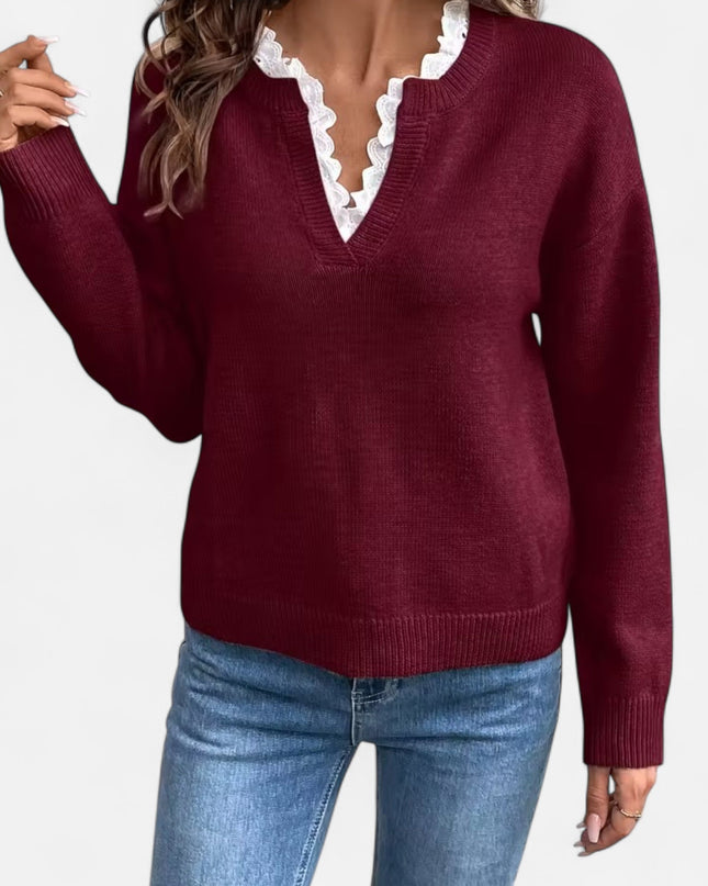 Valmera | V-Neck Sweater – Lace Trim Knitwear