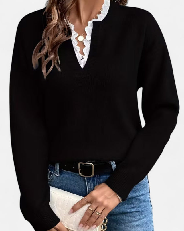 Valmera | V-Neck Sweater – Lace Trim Knitwear