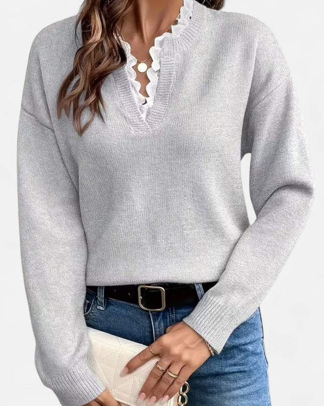 Valmera | V-Neck Sweater – Lace Trim Knitwear