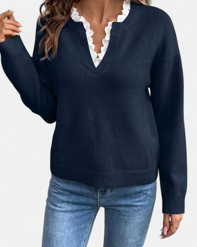 Valmera | V-Neck Sweater – Lace Trim Knitwear