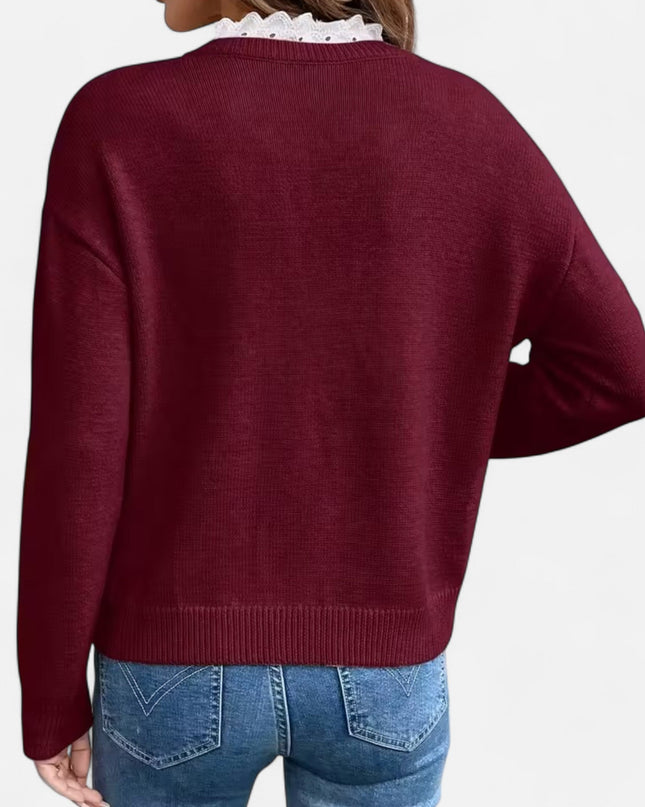 Valmera | V-Neck Sweater – Lace Trim Knitwear