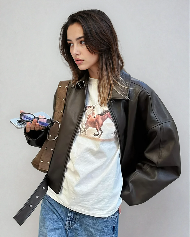 Vintessa | Belted PU Bomber Jacket – Cropped Jacket wih Zipper