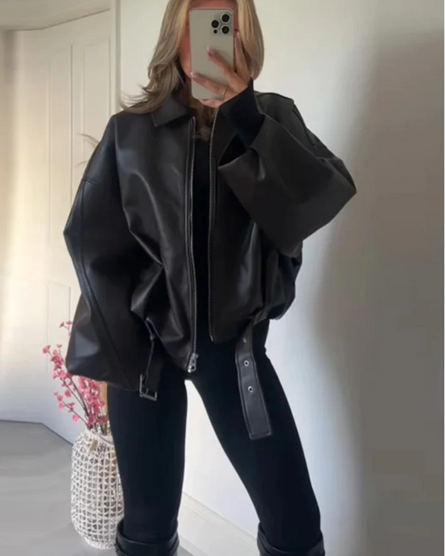 Vintessa | Belted PU Bomber Jacket – Cropped Jacket wih Zipper