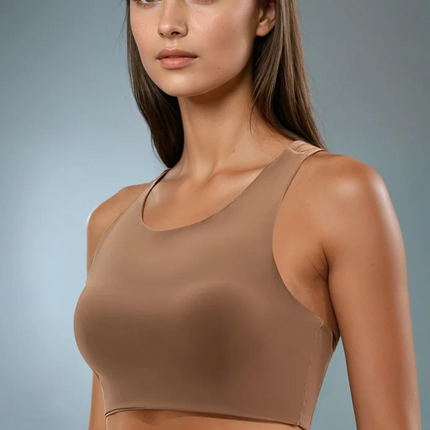 Prism | Sports Bra for Women with High Neckline and Back Cutout – Brown