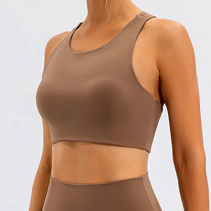 Prism | Sports Bra for Women with High Neckline and Back Cutout – Brown