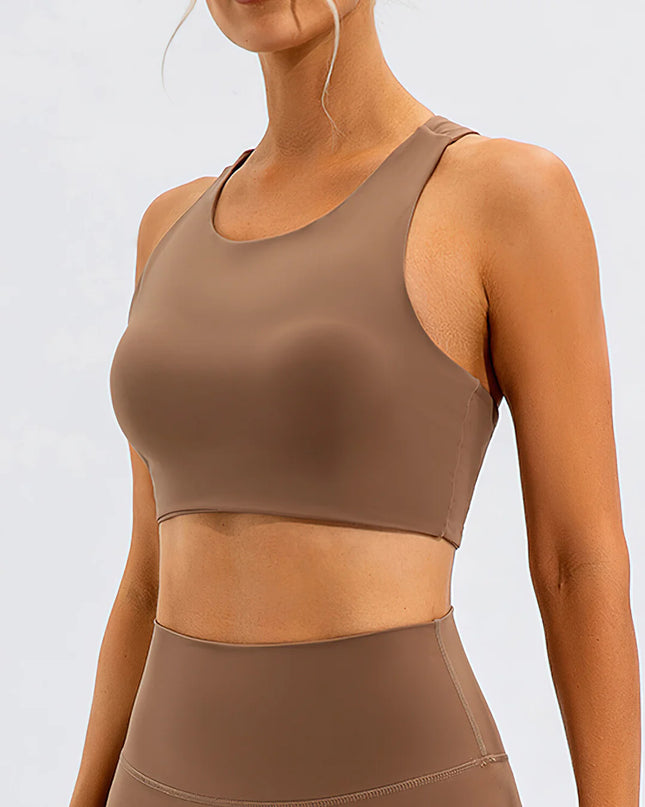 Prism | Sports Bra for Women with High Neckline and Back Cutout – Brown