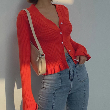 Clarissa | Fitted Ruffled Trim Button-Front Long Sleeve Cardigan