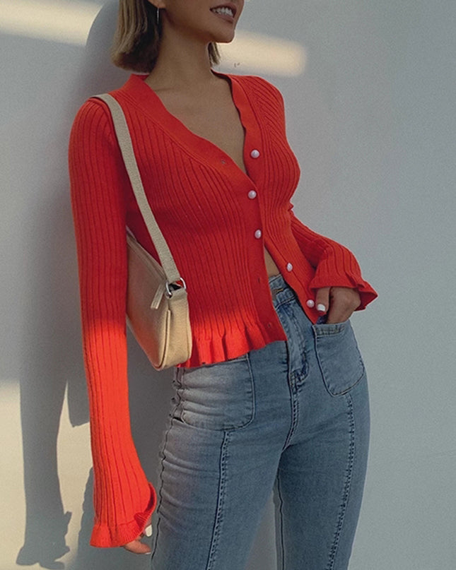 Clarissa | Fitted Ruffled Trim Button-Front Long Sleeve Cardigan