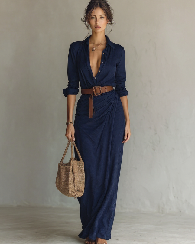 Daria | Belted Lapel Single-Breasted Long Sleeve Maxi Dress - Navy / XS