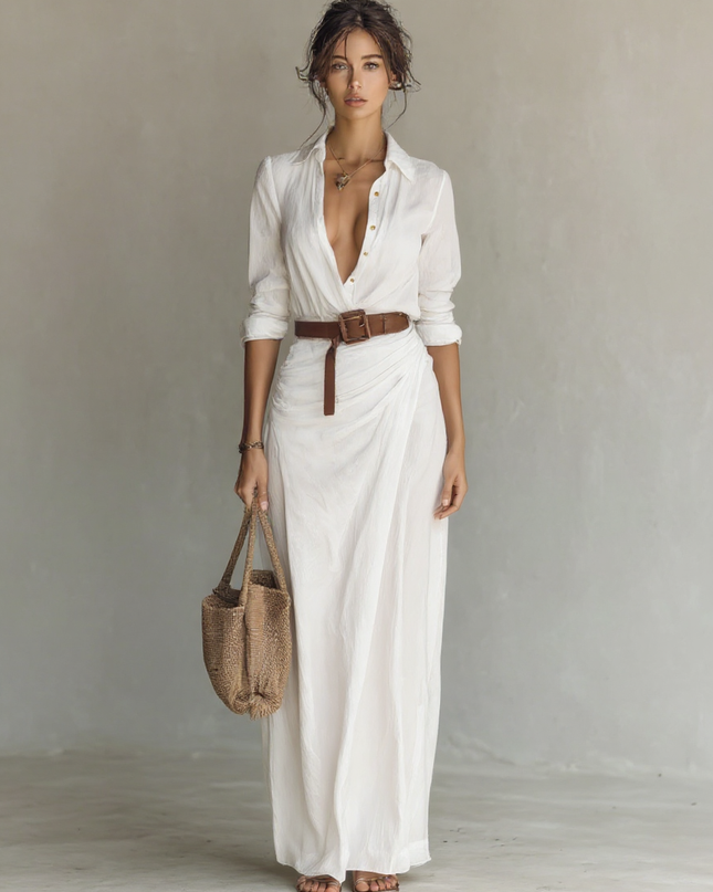 Daria | Belted Lapel Single-Breasted Long Sleeve Maxi Dress - White / XS