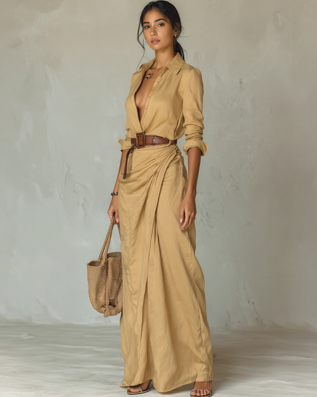 Daria | Belted Lapel Single-Breasted Long Sleeve Maxi Dress - 3/4 Turn