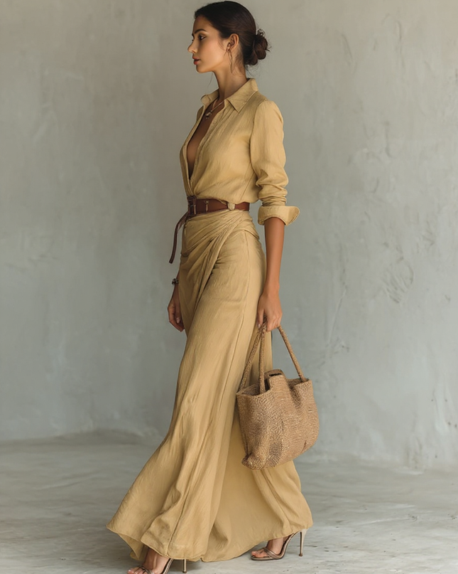 Daria | Belted Lapel Single-Breasted Long Sleeve Maxi Dress - Side Profile