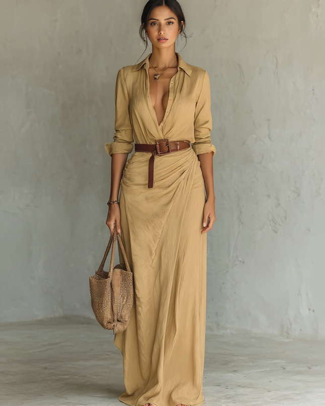 Daria | Belted Lapel Single-Breasted Long Sleeve Maxi Dress - Khaki / XS