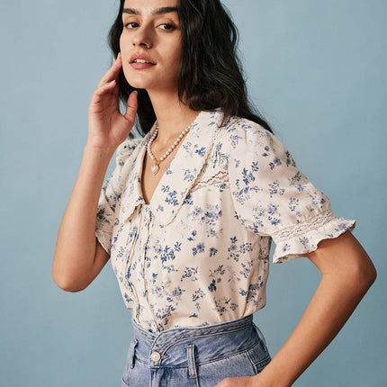 Elsa | Regular Fit Lace Spliced Pleated Floral Shirt