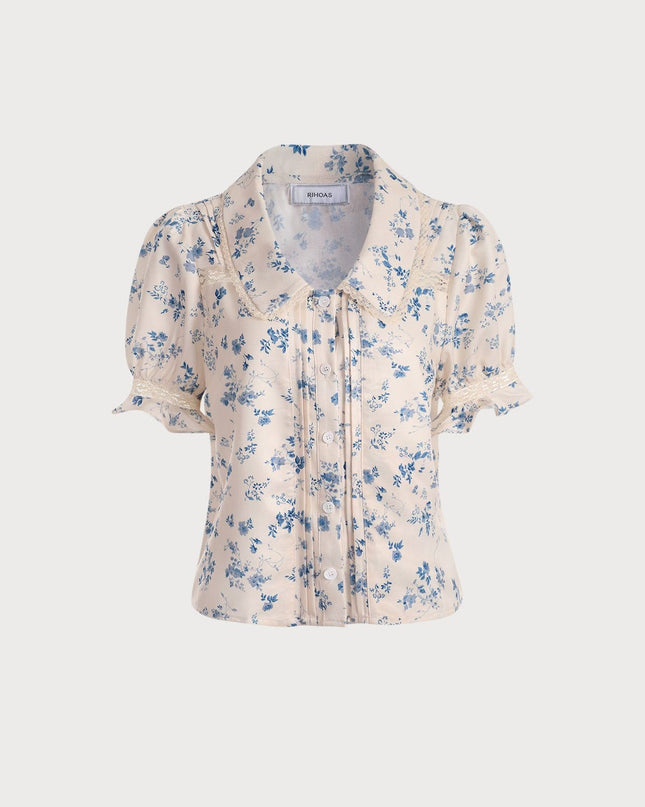 Elsa | Regular Fit Lace Spliced Pleated Floral Shirt