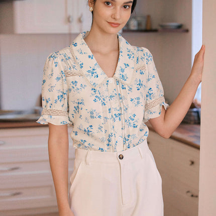 Elsa | Regular Fit Lace Spliced Pleated Floral Shirt