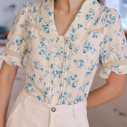 Elsa | Regular Fit Lace Spliced Pleated Floral Shirt