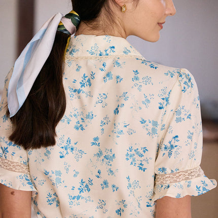 Elsa | Regular Fit Lace Spliced Pleated Floral Shirt