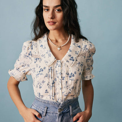 Elsa | Regular Fit Lace Spliced Pleated Floral Shirt
