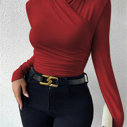 Estelle | Cinched Waist Pleated Cross-Over Collar T-Shirt