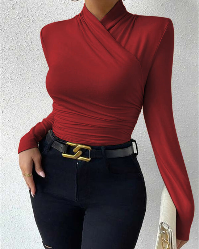 Estelle | Cinched Waist Pleated Cross-Over Collar T-Shirt