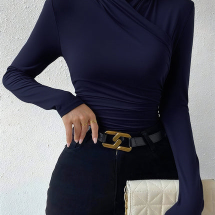 Estelle | Cinched Waist Pleated Cross-Over Collar T-Shirt