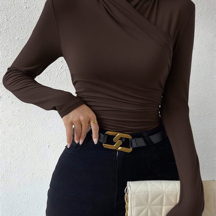 Estelle | Cinched Waist Pleated Cross-Over Collar T-Shirt