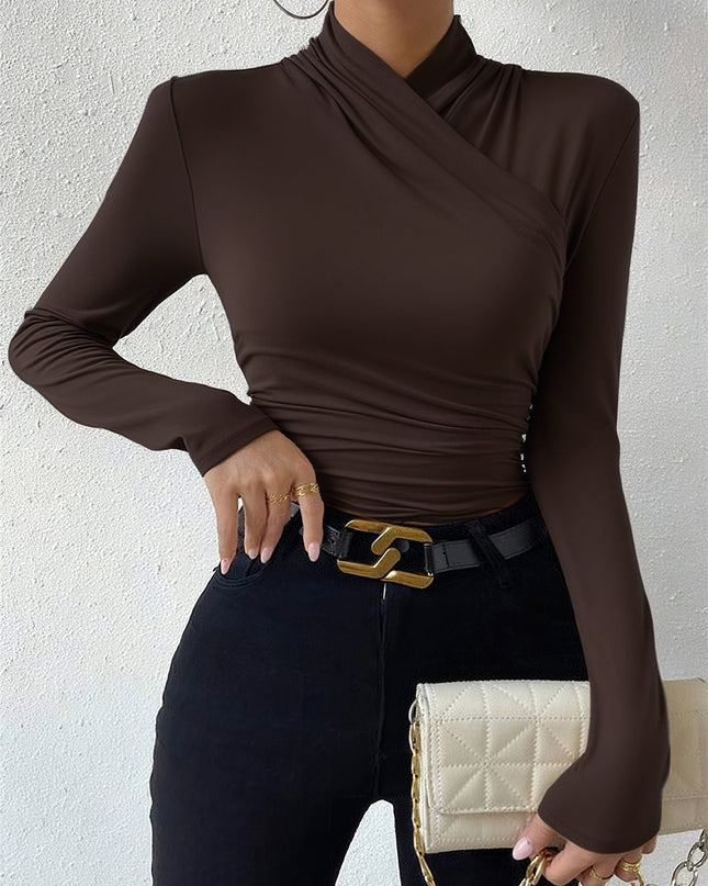 Estelle | Cinched Waist Pleated Cross-Over Collar T-Shirt